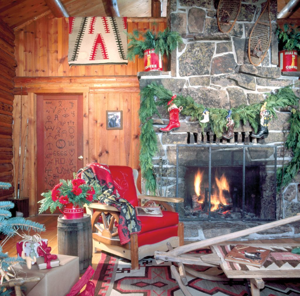 Interior, square, detail of living room toward fireplace, Lisa Flood Cabin at Christmas, Wilson, Wyoming