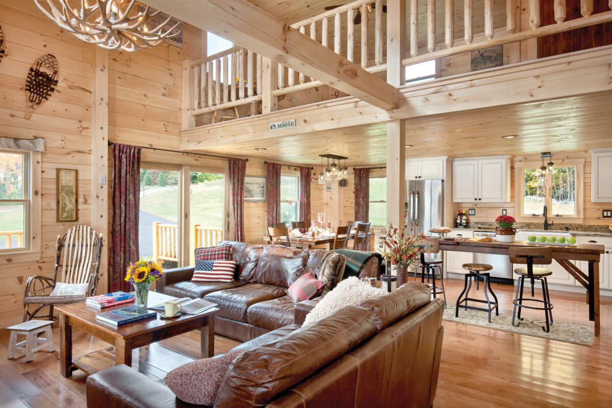 open floor plan at lakeside log home for entertaining