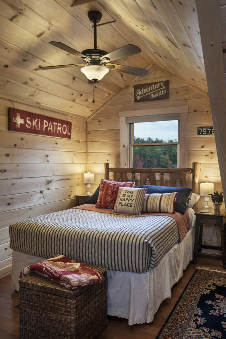 cozy bedroom at the lakeside log home